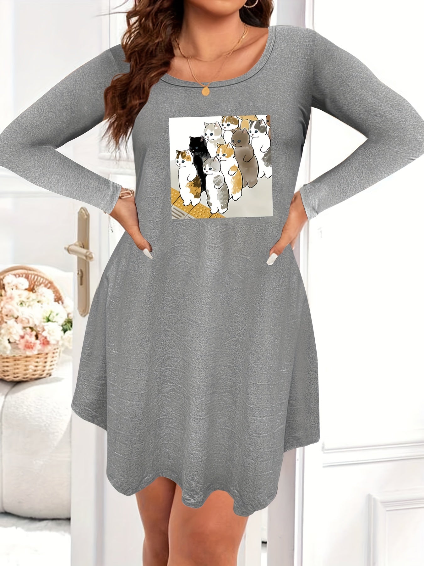 Cat Print Long Sleeve Casual Nightdress
