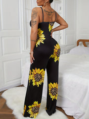Sunflower Print Spaghetti Strap Jumpsuit Casual Wide Leg Sleeveless Jumpsuit