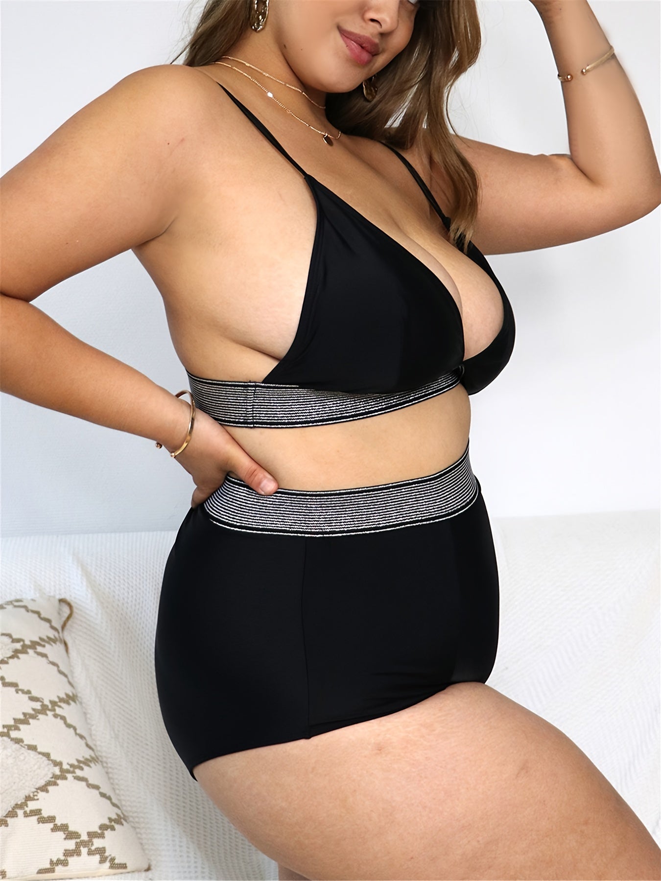 Colorblock High Waist Bikini Set Plus Size Women's Swimsuit