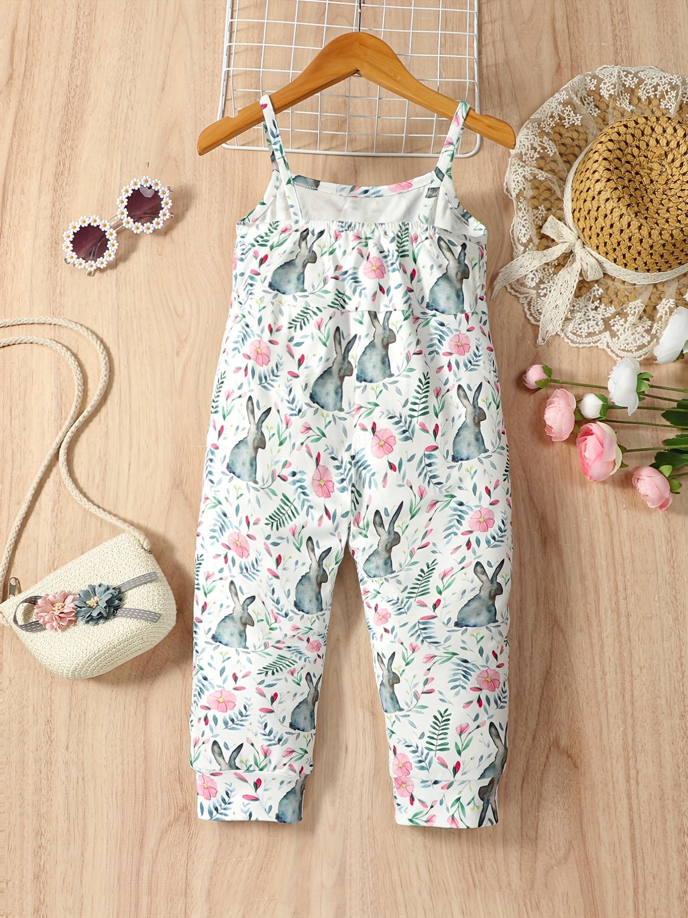 Girls Camisole Jumpsuit Rabbit Floral Print Pants