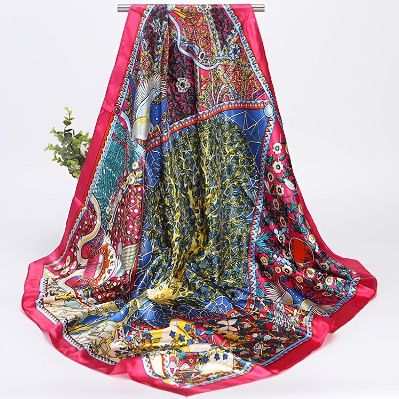 Vintage Flower Print Square Satin Scarf Silk Shawl Head Wrap Bandana Hijab