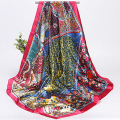 Vintage Flower Print Square Satin Scarf Silk Shawl Head Wrap Bandana Hijab
