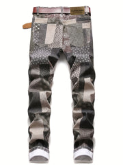 Men's Plaid Allover Print Jeans Patchwork Style Denim Pants