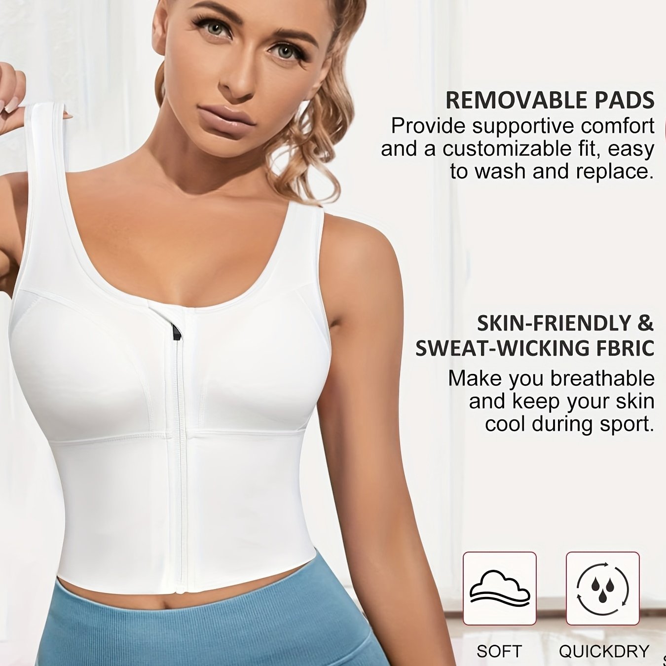 Women's Front Zip Longline Sports Bra for Running Yoga Workouts