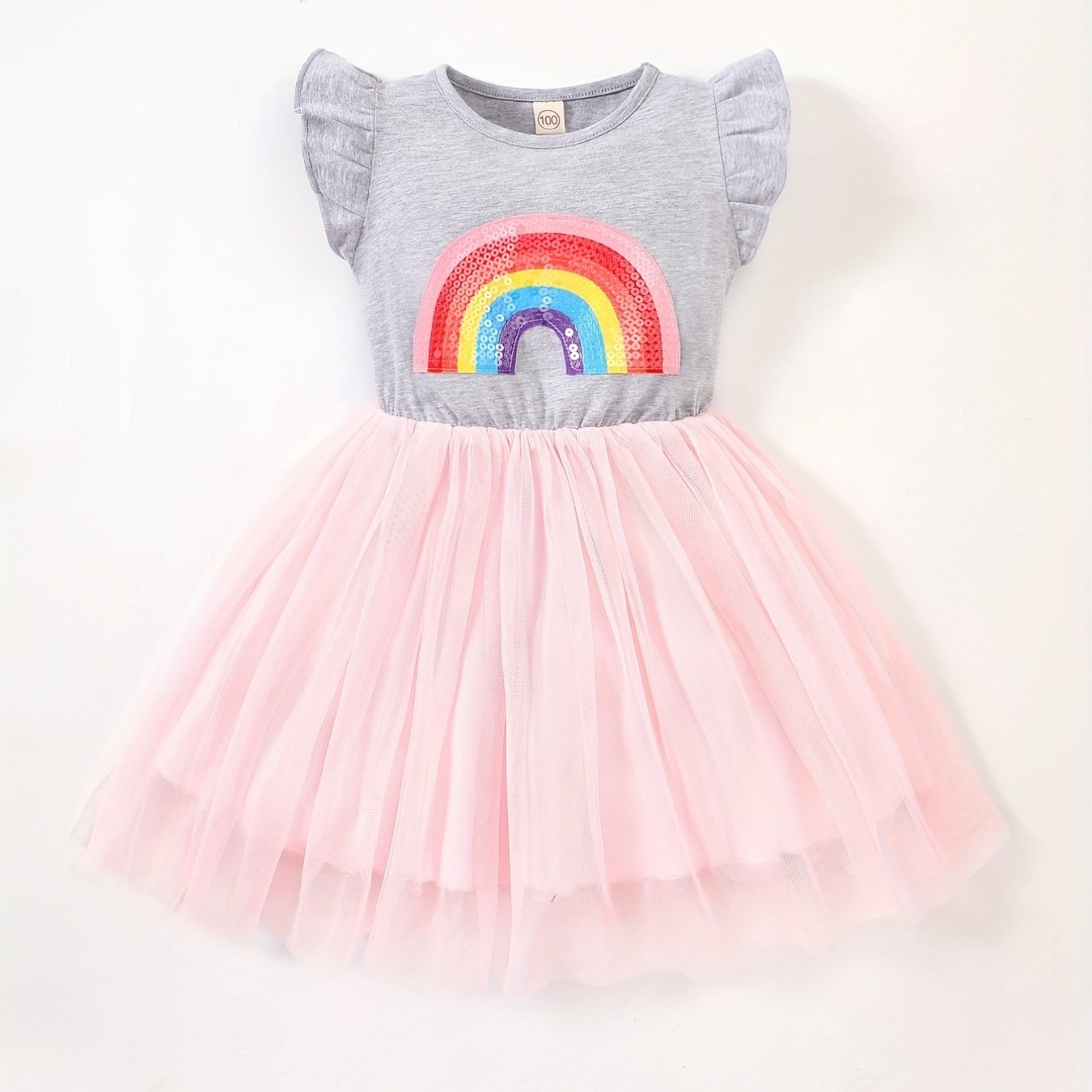 Girls Ruffled Sleeves Sequin Rainbow Patchwork Mesh Princess Dress