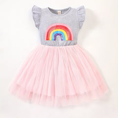 Girls Ruffled Sleeves Sequin Rainbow Patchwork Mesh Princess Dress