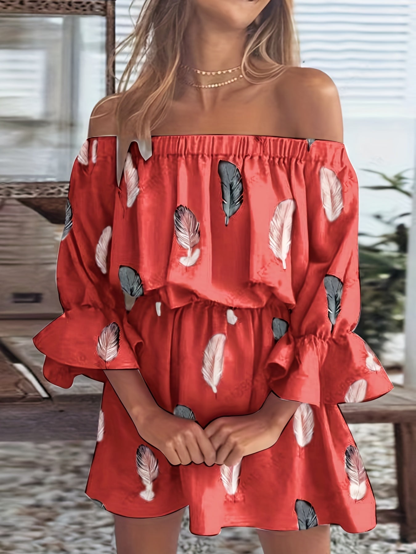 Feather Print Off Shoulder Ruffle Trim Lantern Sleeve Mini Dress