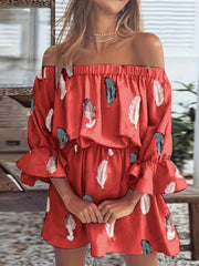 Feather Print Off Shoulder Ruffle Trim Lantern Sleeve Mini Dress