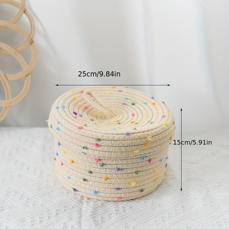 Circular Storage Basket With Lid Beige Cotton Thread Woven Basket