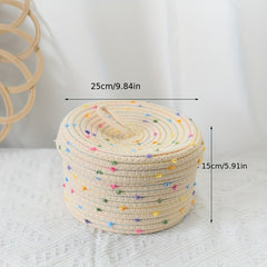 Circular Storage Basket With Lid Beige Cotton Thread Woven Basket