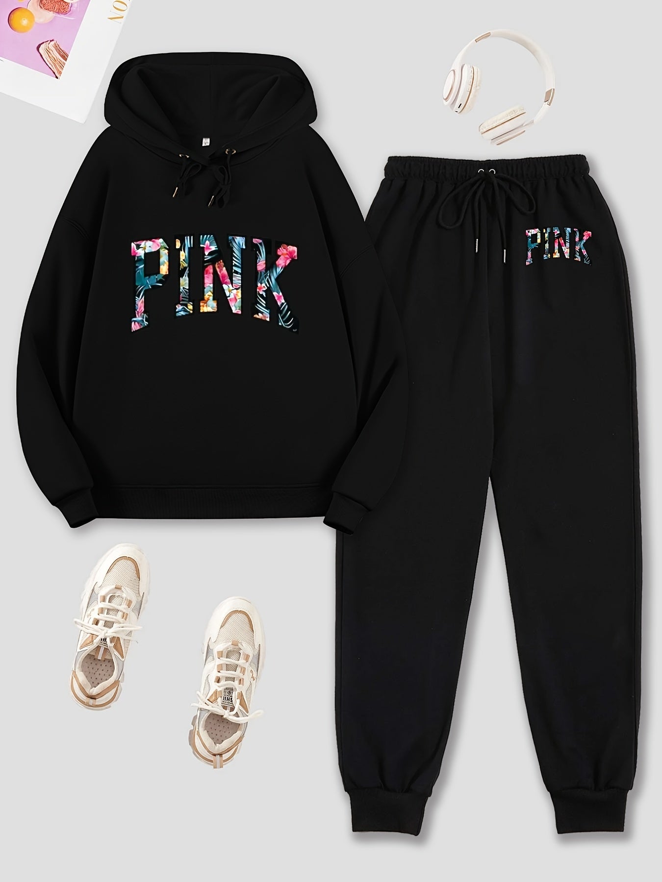 Letter Print Hoodies & Jogger Pants Set Solid Long Sleeve