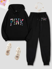 Letter Print Hoodies & Jogger Pants Set Solid Long Sleeve