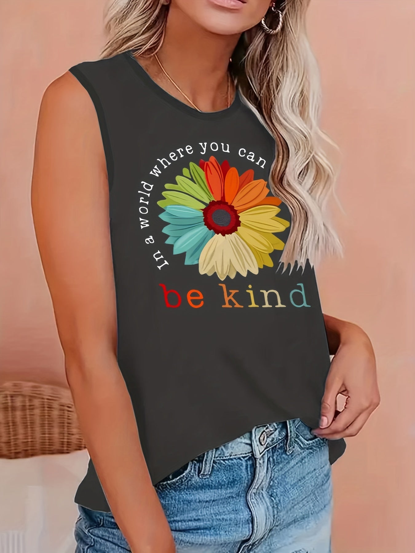 Butterfly & Sunflower Print Round Neck Tank Top
