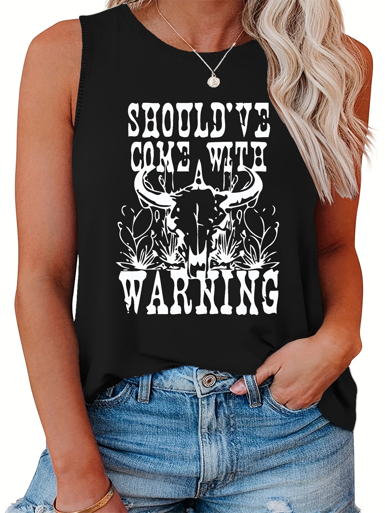 Women's Slogan & Cow Print Tank Top
