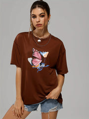 Butterfly & Flower Print Summer T-shirt for Women