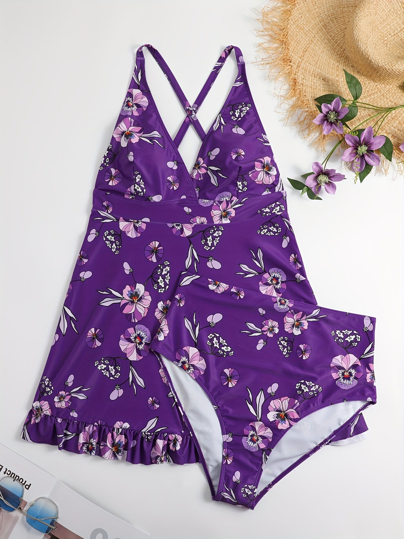 Ditsy Floral Print V Neck Top & Panty Tankini Set