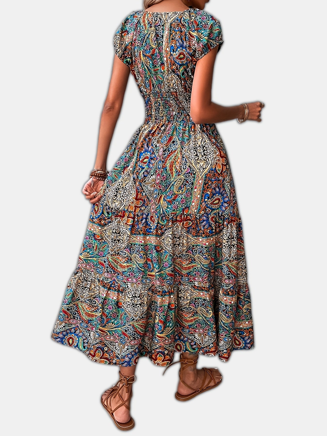 Paisley Print Boho Maxi Dress V Neck Short Sleeve