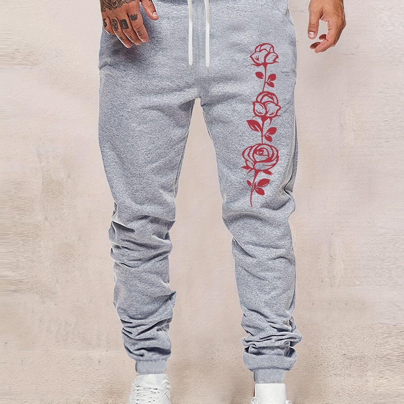 Rose Print Men s Drawstring Sweatpants For Spring Autumn