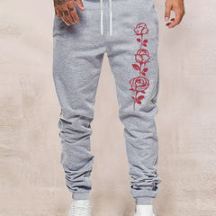 Rose Print Men s Drawstring Sweatpants For Spring Autumn