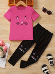 Girls Cat Print Short Sleeve Tee & Pants Set