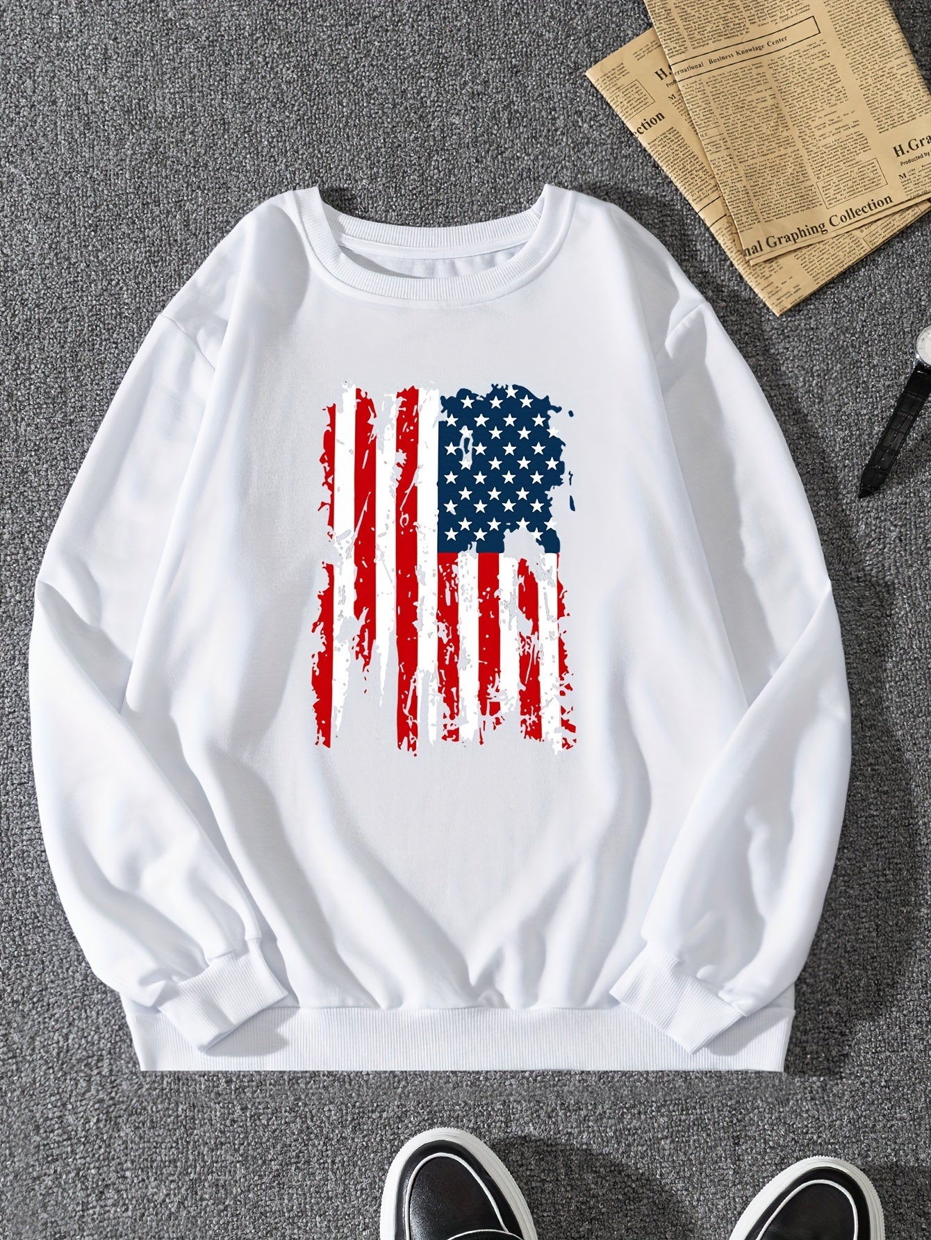 US Flag Print Sweatshirt Men's Casual Pullover Sweatshirt For Spring Fall