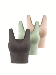 3pcs Ribbed Tank Tops V Neck Padded Women's Lingerie