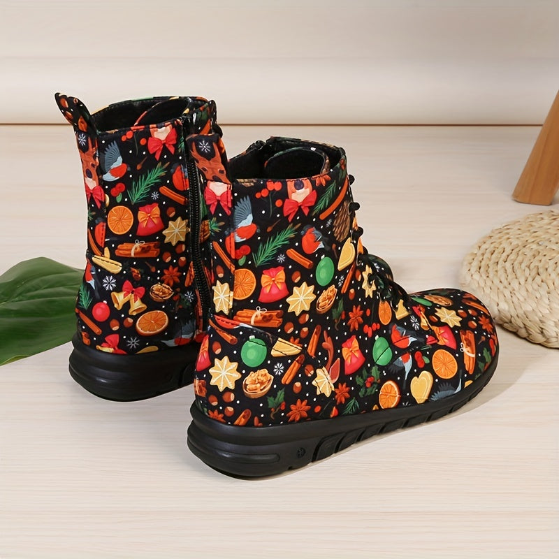 Christmas Print Lace Up Flat Winter Boots