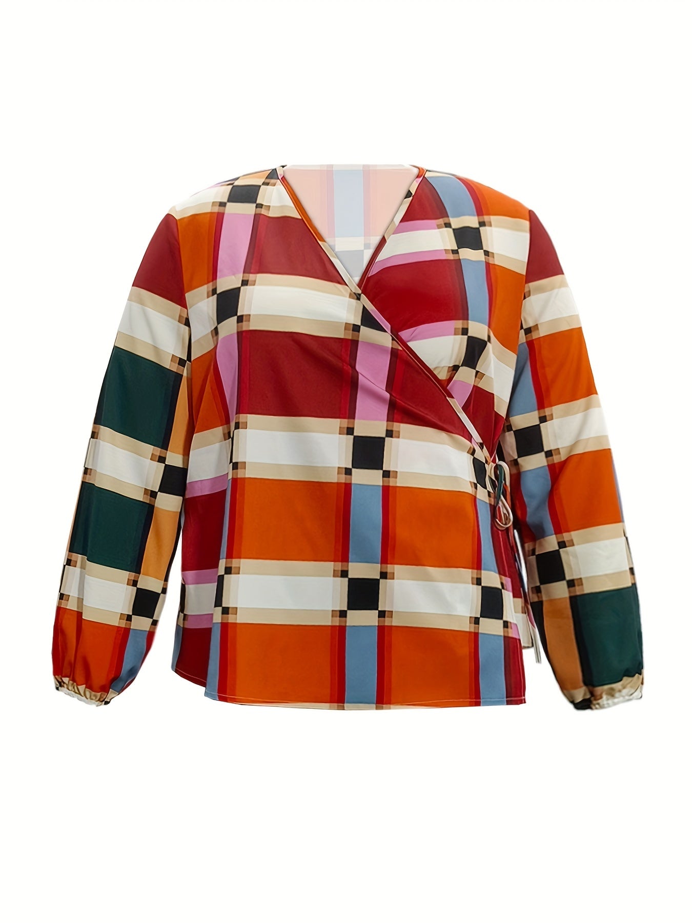 Women's Plus Colorful Plaid Print Lantern Sleeve Knot Side Wrap Top & Pants Set