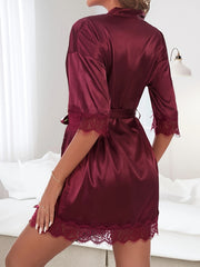 Satin Lace Trim Night Robe Halter V Neck Robe Women's Sleepwear