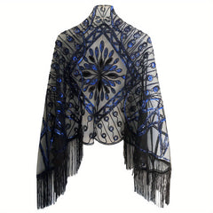 1920s Sequin Beaded Shawl Leaf Embroidery Tassel Cape