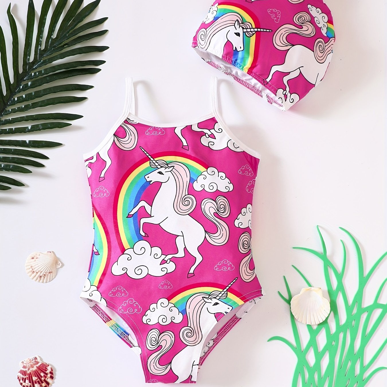 Girl's Unicorn Print Onesie Swimsuit & Cap