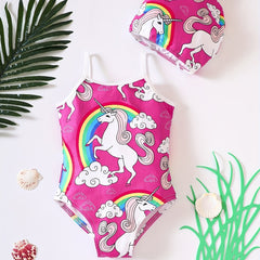 Girl's Unicorn Print Onesie Swimsuit & Cap