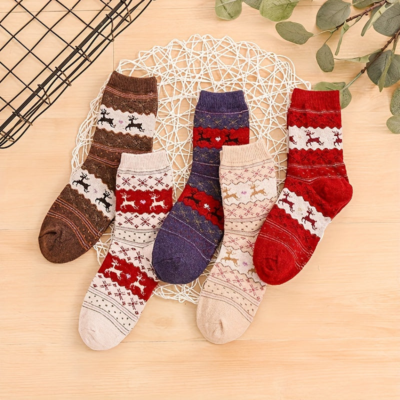 Elk Print Christmas Socks, Comfy & Warm Women's Stockings & Hosiery