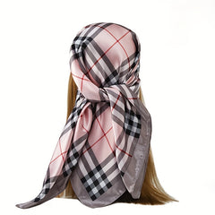 Plaid Print Bandana Silk Large Square Scarf Casual Head Wrap Women Hair Accessor