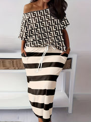 One Shoulder Short Sleeve Tee & Striped Skirt Set