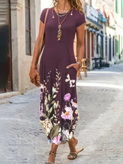 Women's Plus Floral Print Short Sleeve Dress With Pockets