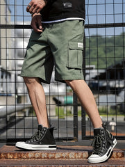 Men's Cotton Cargo Shorts Casual Solid Knee Length Elastic Waist