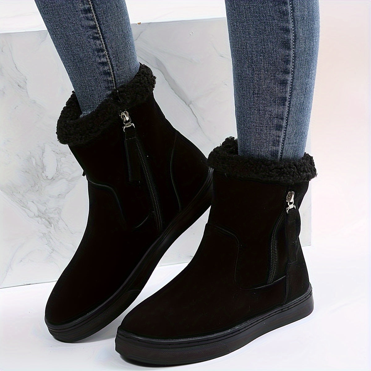 Side Zipper Solid Suede Flat Thermal Snow Boots