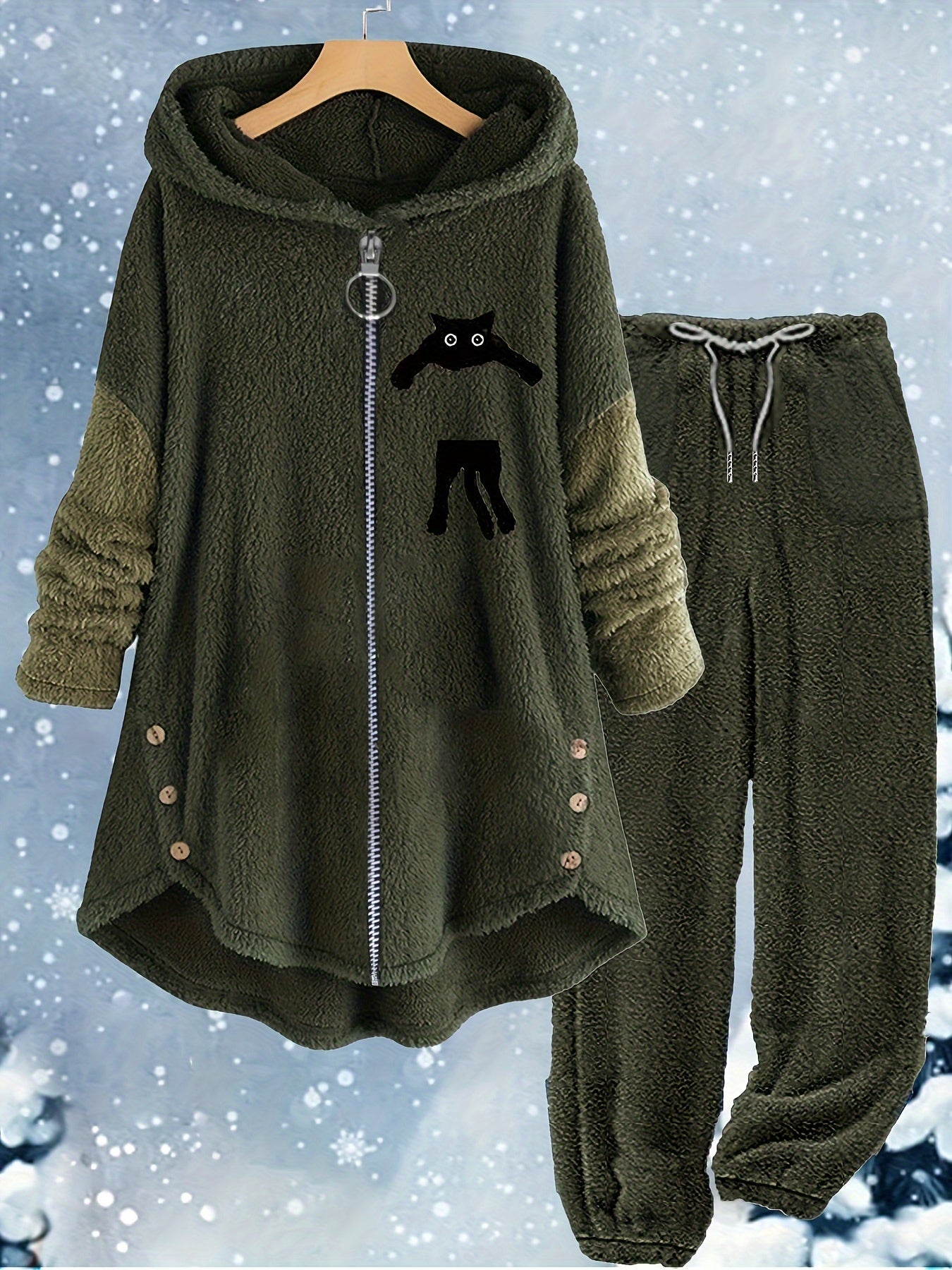 Women's Plus Cat Long Sleeve Zipper Teddy Top & Pants Set