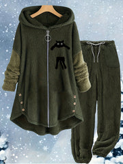 Women's Plus Cat Long Sleeve Zipper Teddy Top & Pants Set