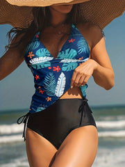 Tropical Print Plus Size Tankini Set - Halter Neck Knot Top & Shorts
