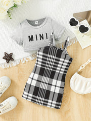 Infants Summer Outfit Short Sleeve Tee Top & Cami Dress Set with Suspenders