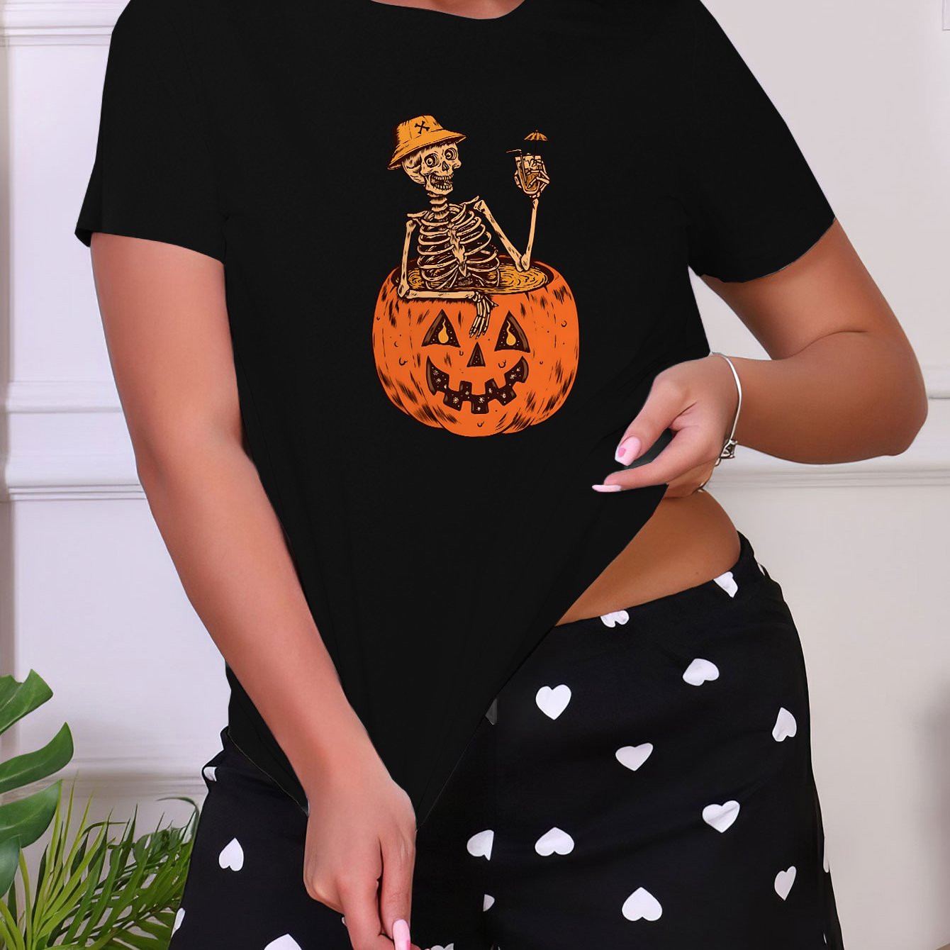 Skull Print Sleep Tops Halloween Funny Short Sleeve Crew Neck Top Women's