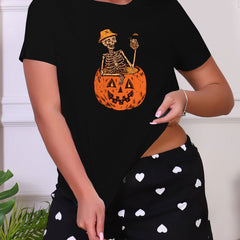 Skull Print Sleep Tops Halloween Funny Short Sleeve Crew Neck Top Women's