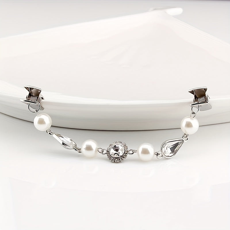 Vintage Faux Pearl Rhinestone Shawl Cardigan Brooch Pin