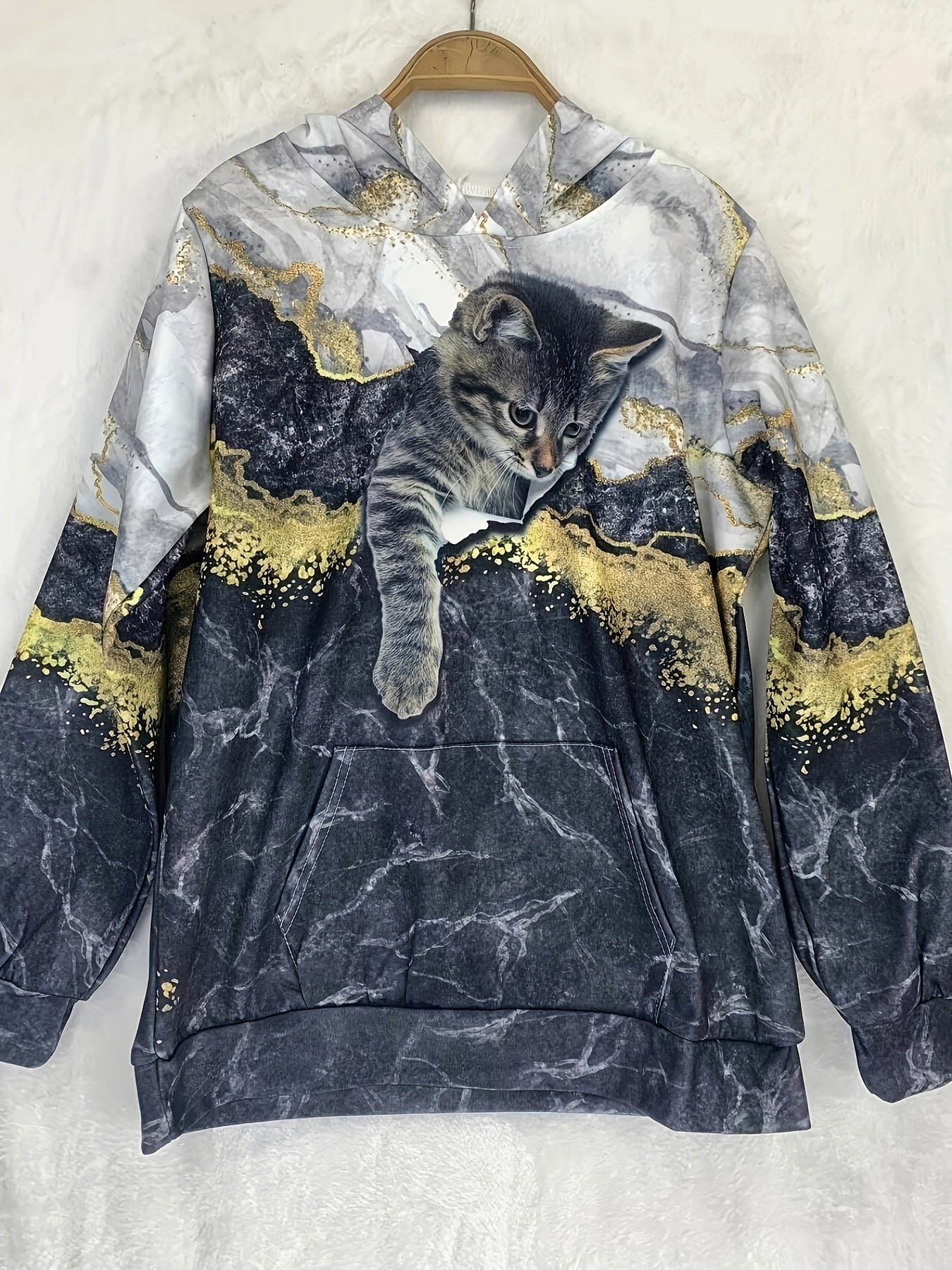 Cat Print Kangaroo Pocket Hoodie for Women
