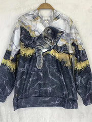 Cat Print Kangaroo Pocket Hoodie for Women