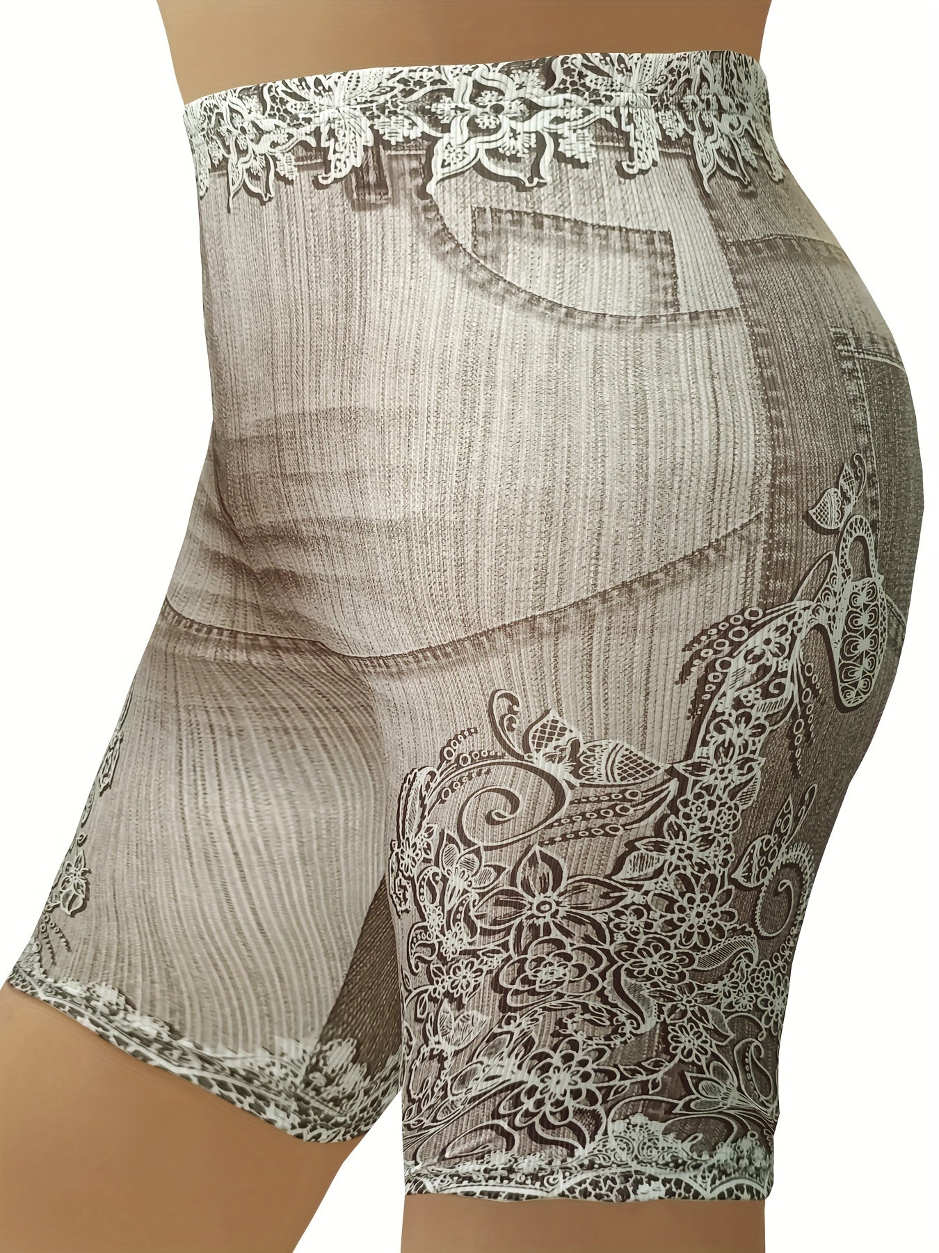 Denim & Floral Print High Rise Skinny Shorts