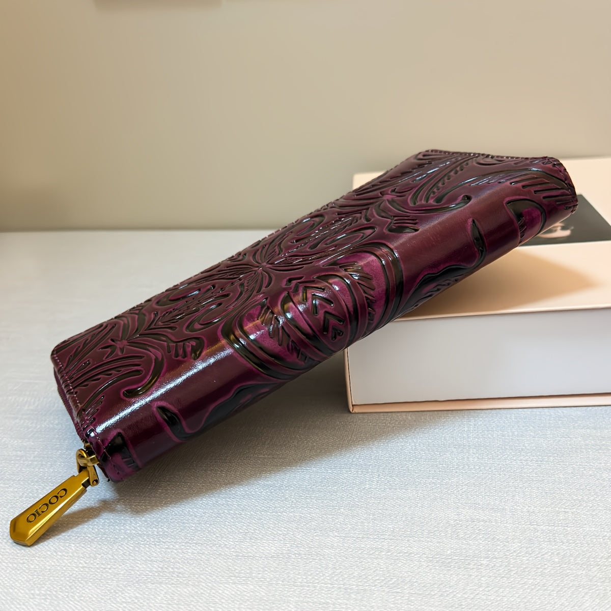 Floral Embossed Leather Clutch Zipper Closure Purple Coffee Brown