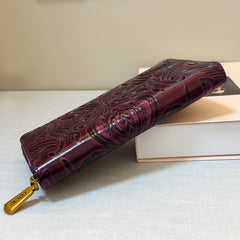 Floral Embossed Leather Clutch Zipper Closure Purple Coffee Brown